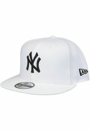White snapback cap made of fabric with a flat brim, featuring a black embroidered "NY" logo on the front and a small logo on the side.
