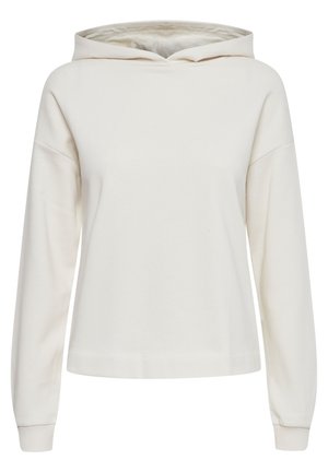 Kremni pulover s kapuco izdelan iz mehkega blaga. Ima kapuco na vrvico in dolge rokave z rebrastimi manšetami. Enostavna, sproščena zasnova brez vzorcev.