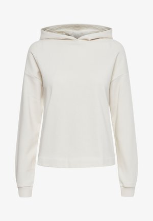 Kremni pulover s kapuco izdelan iz mehkega blaga. Ima kapuco na vrvico in dolge rokave z rebrastimi manšetami. Enostavna, sproščena zasnova brez vzorcev.