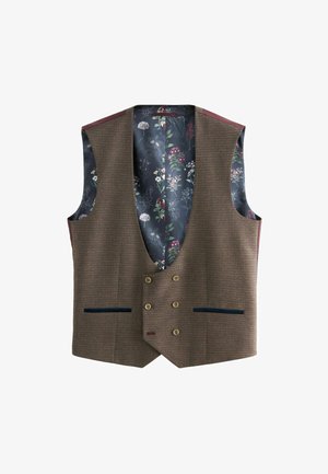 Brown checked vest with a v-neck design, featuring four buttons and two front pockets. Interior has a floral pattern on a dark background.