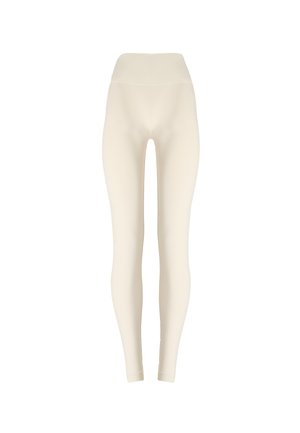 Leggings color crema a vita alta con design liscio e senza cuciture, vestibilità aderente a tutta lunghezza su sfondo bianco.
