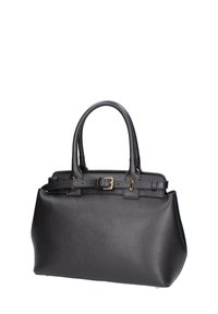 Sac à main en cuir noir avec une surface texturée, deux poignées supérieures, quincaillerie en ton doré et une forme structurée avec un accent de boucle.