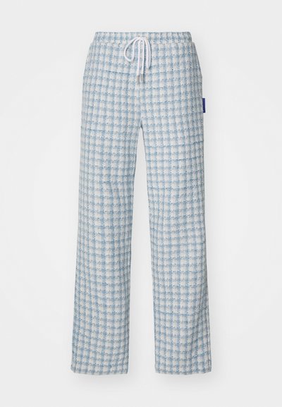 Woven wide-leg pants in light blue and white check pattern. Features an elastic waistband with a drawstring and a relaxed fit.