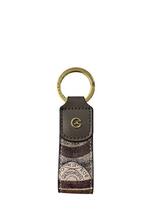 Portachiavi con anello in metallo dorato inciso "Gattinoni" e cinturino in pelle marrone con motivo stampato a mappa vintage e logo dorato "G".