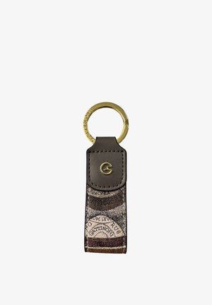 Portachiavi con anello in metallo dorato inciso "Gattinoni" e cinturino in pelle marrone con motivo stampato a mappa vintage e logo dorato "G".