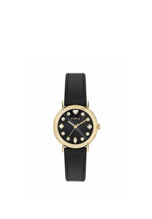 Orologio rotondo in oro con cinturino in pelle nera, quadrante nero, indici delle ore in cristallo e logo Furla alle 12.