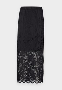 Mustmustest mustrikk, millel on lillemustrid, sobiv taljeosa ja laineline äär. Kerge, poolläbipaistev tekstuur alumises osas.