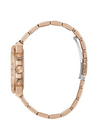 Vue de côté d'une montre-bracelet en métal rose doré avec un bracelet à maillons et trois boutons-poussoirs sur le boîtier de la montre.