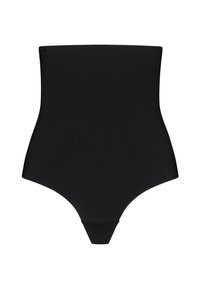 Shapewear nero a vita alta con una texture liscia, caratterizzato da un design senza cuciture e una forma a tanga sul retro.
