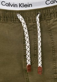 Olive green shorts with a white elastic waistband featuring "Calvin Klein" logo. Thick, patterned drawstrings with brown leather accents.