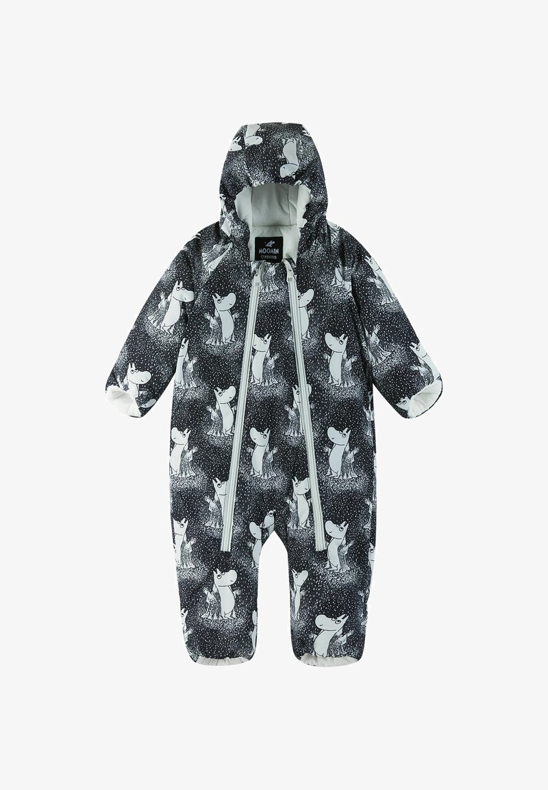 Wodoodporny kombinezon śnieżny w kolorze czarnym z białymi postaciami Moomin. Posiada kaptur, dwa zamki błyskawiczne, elastyczne mankiety i miękką podszewkę.