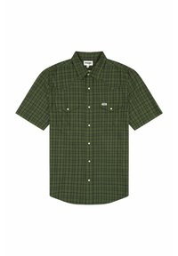 Chemise à manches courtes en carreaux de couleur vert foncé, dotée d'un motif à carreaux avec des accents marine, de deux poches poitrine et d'un col boutonné.