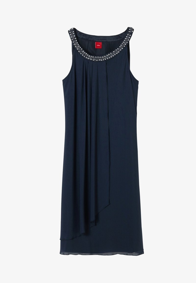 Robe sans manches bleu marine foncé avec un col rond orné de perles et un détail avant superposé asymétrique.