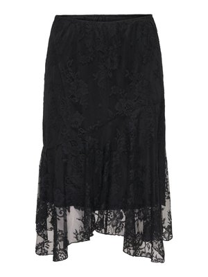 Svart blonder midi-skjørt med blomster mønster og asymmetrisk hem, med lagdelt, semitransparent nedre del.