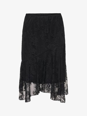 Svart blonder midi-skjørt med blomster mønster og asymmetrisk hem, med lagdelt, semitransparent nedre del.