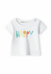 Vit kortärmad t-shirt i bomull med rund hals. Har en färgglad tryckt fras "always be HAPPY" och en liten kattillustration.