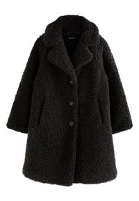 Manteau en polaire noire avec une surface texturée et hirsute. Doté d'un col à revers, d'une fermeture à boutons sur le devant et de poches latérales.