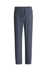 Pantaloni del pigiama navy realizzati in un morbido tessuto con un motivo geometrico a quadrati bianchi, dotati di vita elastica e cordoncino.