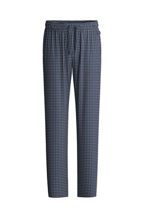 Marineblauwe pyjamabroeken van zachte stof, met een geometrisch patroon van witte vierkanten, voorzien van een elastische tailleband en trekkoord.