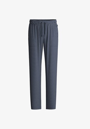 Marineblauwe pyjamabroeken van zachte stof, met een geometrisch patroon van witte vierkanten, voorzien van een elastische tailleband en trekkoord.