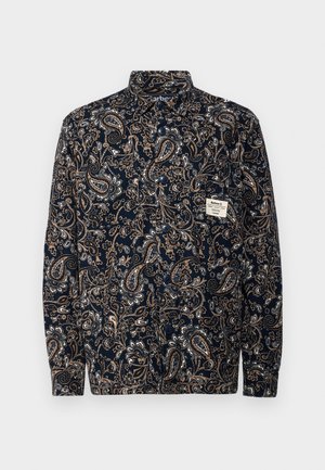 Cămașă albastră cu nasturi, cu un model paisley în nuanțe de crem și brown. Are guler și mâneci lungi, fiind confecționată dintr-un material texturat.