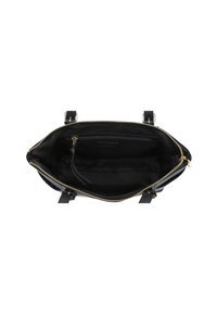 Czarna skórzana torba otwarta, ukazująca przestronną wnętrze z zamykaną na zamek kieszenią i złotym zapięciem.