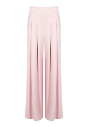 Pantalon large taille haute rose pâle avec plis sur le devant et une ceinture lisse.