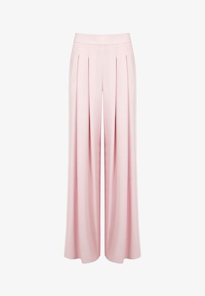 Pantaloni rosa pallido a vita alta con gambe larghe, pieghe frontali e cintura liscia.