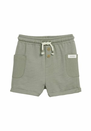 Lysegrønne småbørnsshorts med elastisk talje, hvid snor, to forlommer, to træknapper og et "newbie" mærke på højre lomme.