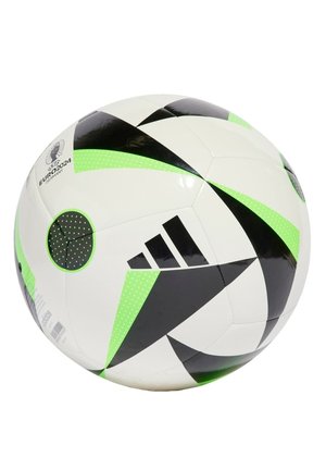 Pallone da calcio bianco con motivi geometrici neri e verde neon, inclusi punti e forme. Presenta la stampa del logo UEFA Euro 2024.