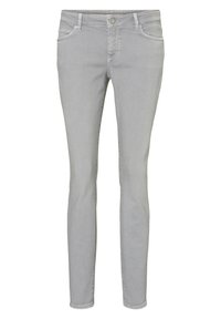 Šedé džínové skinny jeans s středním pasem, pěti kapsami a předním zapínáním na knoflík. Hladká textura a minimální švy.
