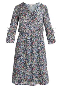 Kukallinen mekko, jossa on tummansininen pohja, V-pääntie, kolme neljäsosaa hihaiset nauhat sekä korostettu vyötärö ja levenevä hame.