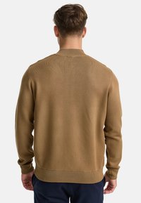Brauner gestrickter Pullover mit Rundhalsausschnitt und gerippten Bündchen. Besitzt eine glatte Textur und eine taillierte Silhouette. Rückansicht mit klaren Linien.