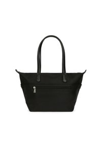 Borsa tote nera in nylon con due eleganti manici in pelle, tasca con zip sul davanti e ampia apertura. Design minimalista senza motivo visibile.