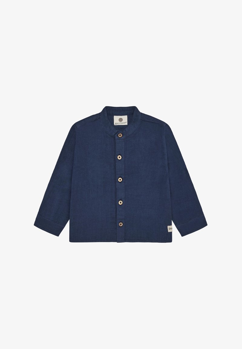 Navy blue linen jacket with long sleeves, round neck, front buttons, and a small brand label on the hem. Smooth texture, simple design.