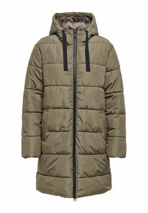 Olivenfarbene Steppjacke mit Kapuze, ausgestattet mit einem Reißverschluss vorne, schwarzen Kordeln und gepolstertem, gestepptem Design. Weiche, glatte Textur.