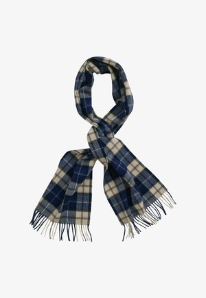 Sciarpa di lana a quadri blu e bianca annodata in modo sciolto con frange alle estremità su uno sfondo bianco.