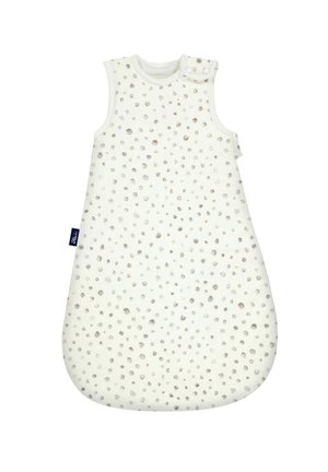Schlafsack aus weicher Baumwolle mit einem cremigen Hintergrund und verstreuten grauen Punkten. Verfügt über ein ärmelloses Design und einen Druckknopfverschluss an der Schulter.