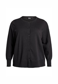 Schwarze Strickjacke mit langen Balloon-Ärmeln, rundem Halsauschnitt und sechs Knöpfen vorne. Weiche Textur und gerippter Saum.