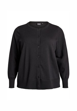 Melns adīts kardigans ar gariem baložu formas piedurknēm, apaļu kakla izgriezumu un sešām pogām priekšpusē. Mīksta tekstūra un ribota apakša.