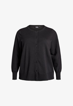 Melns adīts kardigans ar gariem baložu formas piedurknēm, apaļu kakla izgriezumu un sešām pogām priekšpusē. Mīksta tekstūra un ribota apakša.