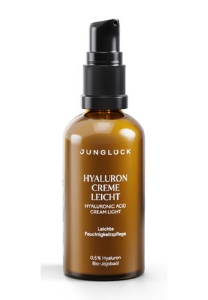 Bernsteinfarbene Pumpspender-Flasche der Jungluck Hyaluronsäure Leichtcreme mit 0,5 % Hyaluron und biologischem Jojobaöl, für leichte Feuchtigkeitspflege.