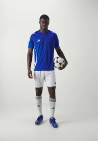 Sinine spordisärk valgete aktsentidega, valged püksid, sinised jalgpallijalatsid ja põlveni ulatuvad valged sokid mustade triipudega. Jalgpall käes.