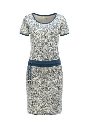 Korte mouwen, knielange jurk met blauwe vlinderprint, ronde halslijn en blauwe taillekoord.