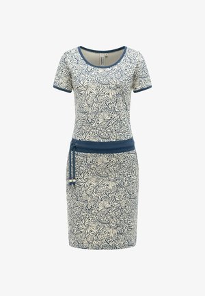 Korte mouwen, knielange jurk met blauwe vlinderprint, ronde halslijn en blauwe taillekoord.