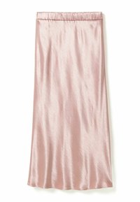 Lyserød satin midi nederdel med elastisk taljebånd, glat tekstur og let glans, der hænger fladt på hvid baggrund.