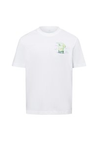 White cotton t-shirt featuring a printed graphic of a gin and tonic with lime and ice. Short sleeves and a crew neckline.