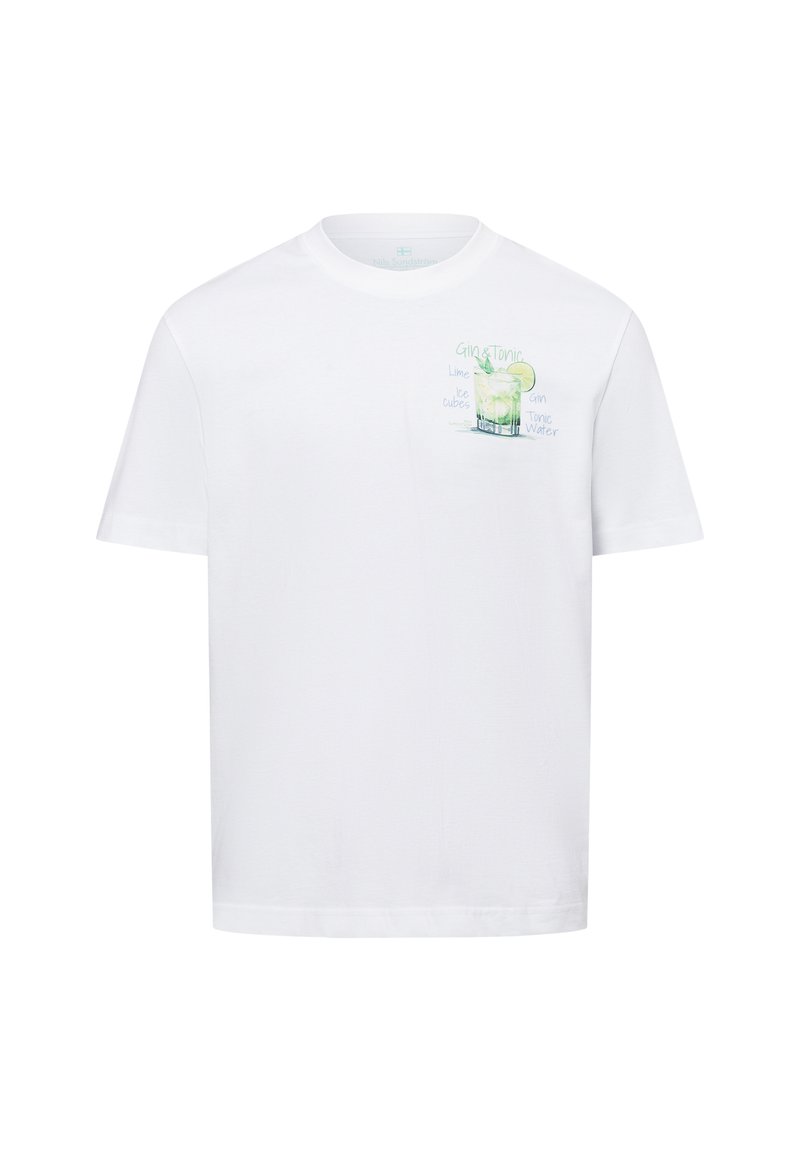 White cotton t-shirt featuring a printed graphic of a gin and tonic with lime and ice. Short sleeves and a crew neckline.