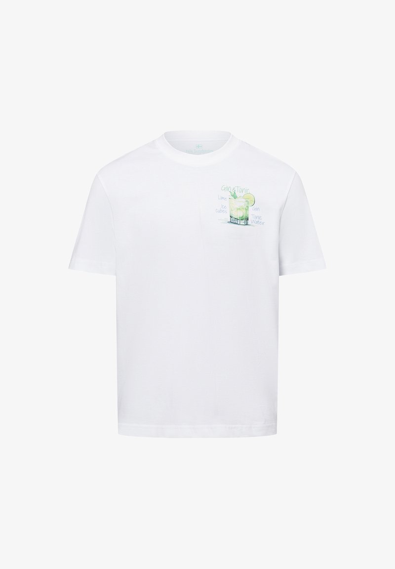 Weißes Baumwoll-T-Shirt mit einem gedruckten Grafikmotiv eines Gin Tonic mit Limette und Eis. Kurzärmelig und mit Rundhalsausschnitt.