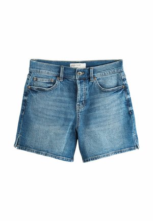 Blue denim shorts with front pockets, belt loops, and a button closure, displayed against a white background.